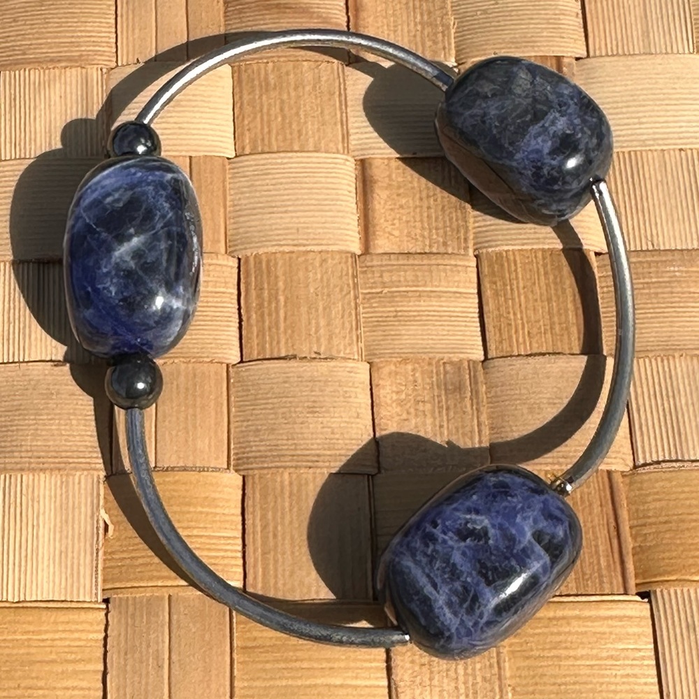 Natural Lapis Lazuli Gemstone Handmade Bracelet Silver Tone Hematite Beaded Boho